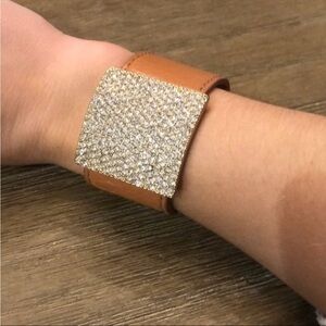 Statement Tan Leather Cuff Bracelet with Rhinestone Plate